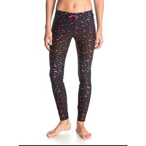 Roxy Women's Athletic Leggings Black Pink Bird Print Drawstring Pockets Size M